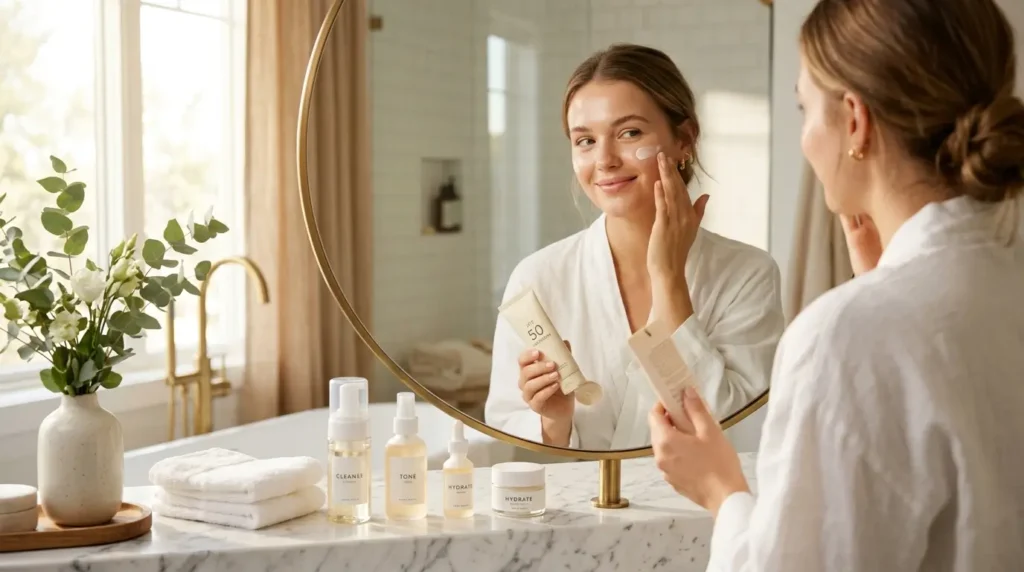 Applying sunscreen as the final step of a beginner skincare routine