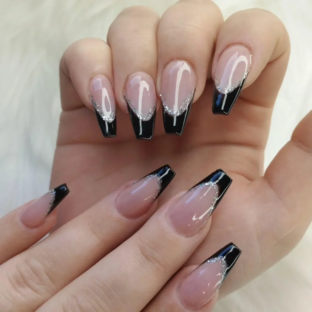 Black French Manicure with Glitter