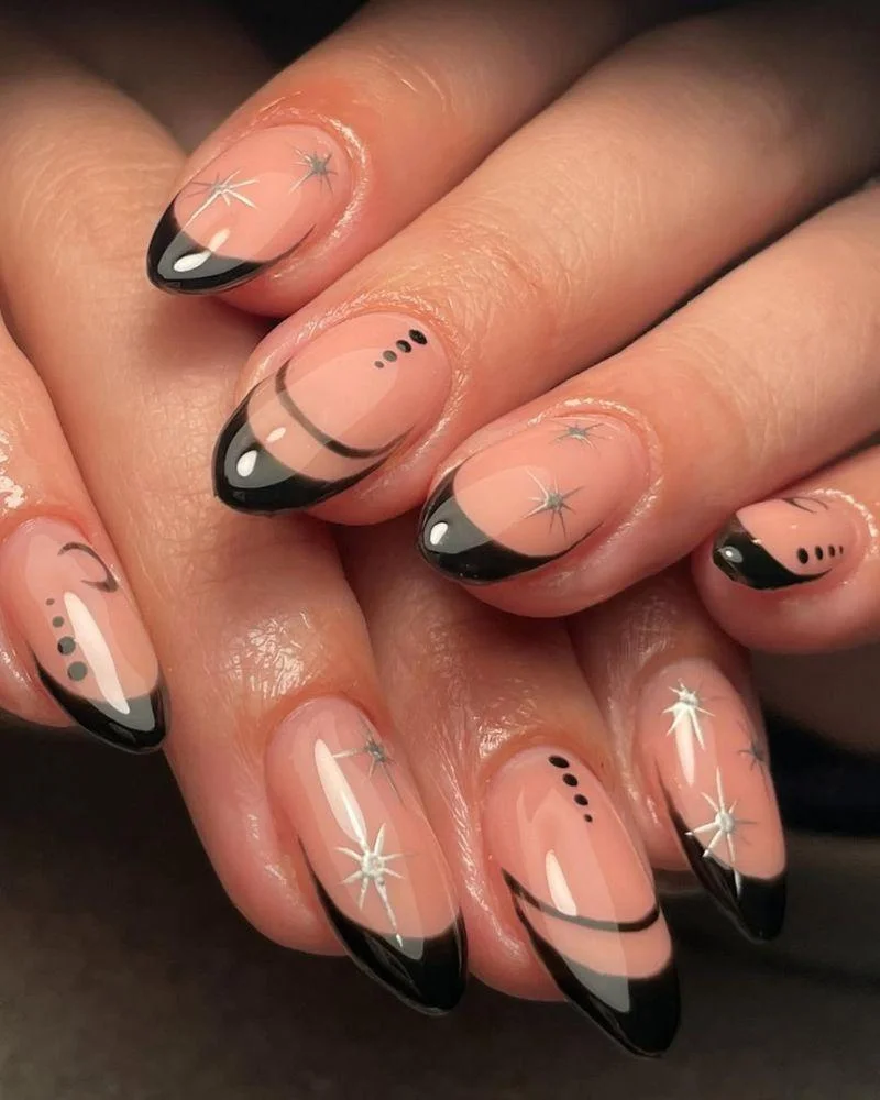 Black French Manicure with Nail Art