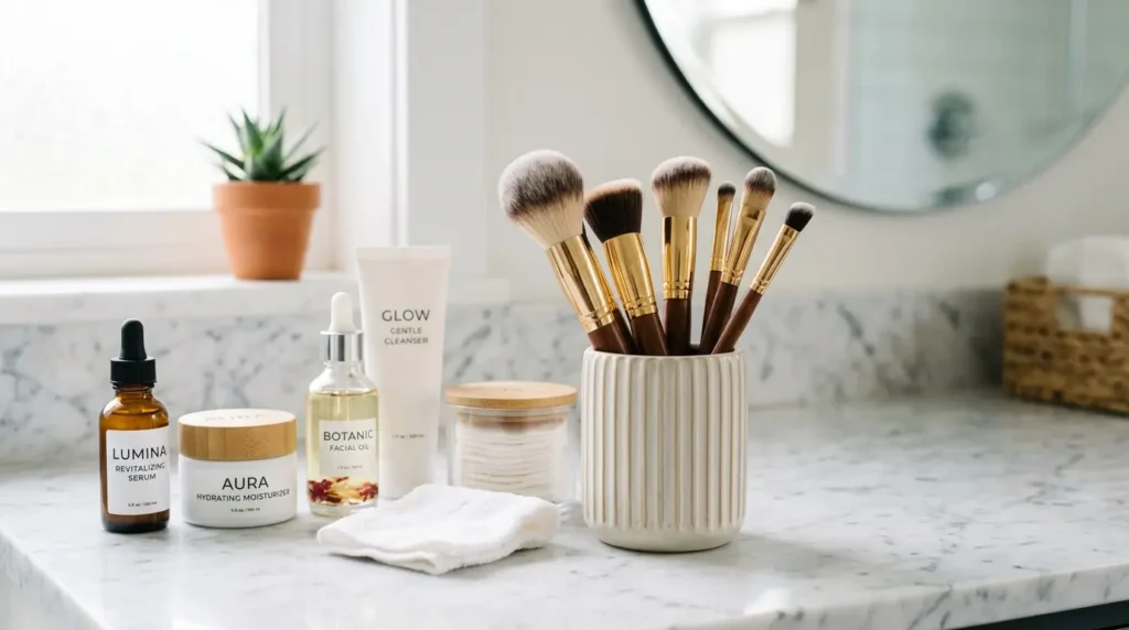 Clean makeup brushes and skincare essentials on a white marble countertop.