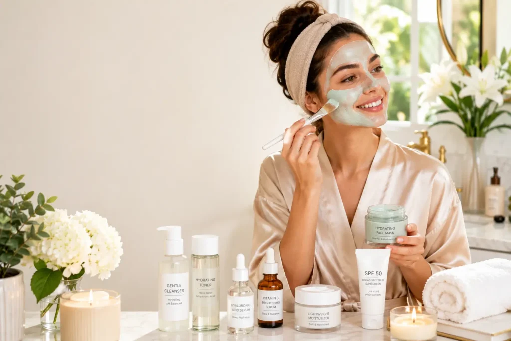 Young woman applying a hydrating face mask as part of a skincare routine for radiant skin in a luxury spa-inspired bathroom.