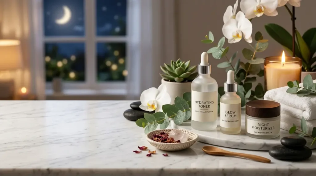 Hydrating toner, serum, and moisturizer arranged for a night skincare routine for glowing skin.