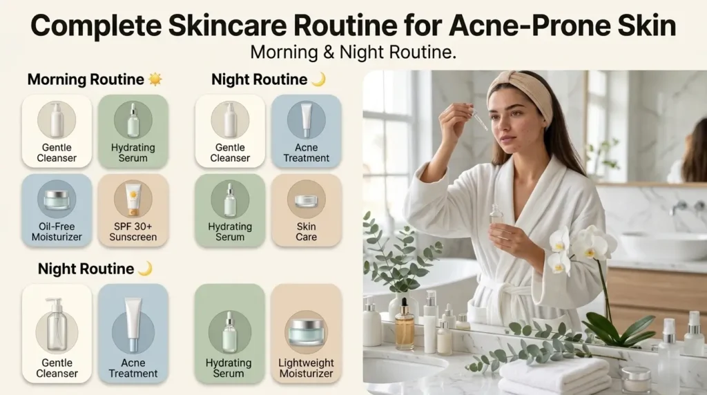 Complete Skincare Routine for Acne-Prone Skin morning and night routune.
