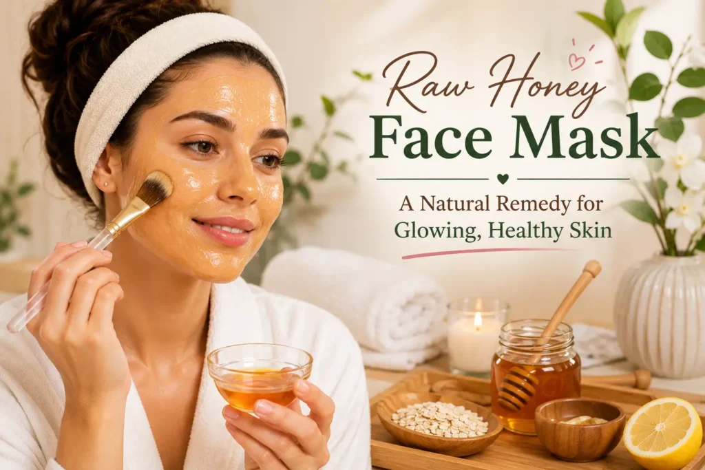 Woman applying a raw honey face mask for naturally glowing skin.