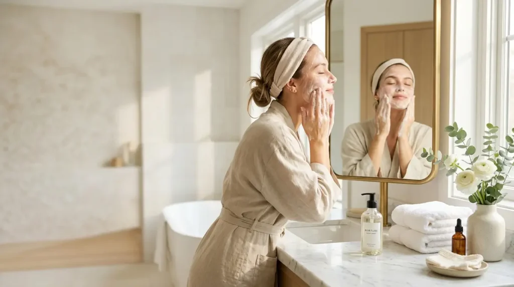 Woman cleansing her face with a gentle facial cleanser for clear and glowing skin.