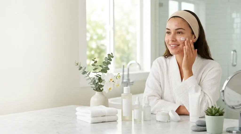 Woman applying a facial serum during a complete skincare routine for acne-prone skin with cleanser, niacinamide serum, moisturizer, and sunscreen on a luxury bathroom vanity.