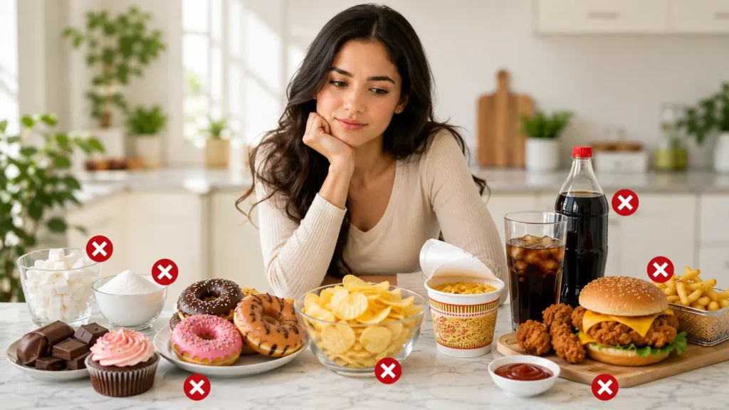 Young woman thoughtfully looking at processed foods including sugary desserts, chips, instant noodles, soda, fries, and a burger on a marble countertop in a bright modern kitchen, illustrating foods that may negatively affect skin health when consumed excessively.