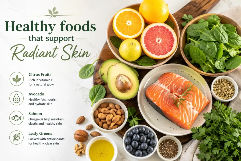 Healthy foods including citrus fruits, avocado, salmon, leafy greens, berries, and nuts that support naturally radiant and glowing skin.