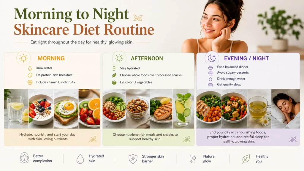 Morning to night skincare diet routine infographic featuring hydration, healthy meals, protein-rich breakfast, fruits, vegetables, salmon, balanced dinner, herbal tea, and restful sleep to support healthy, glowing skin.