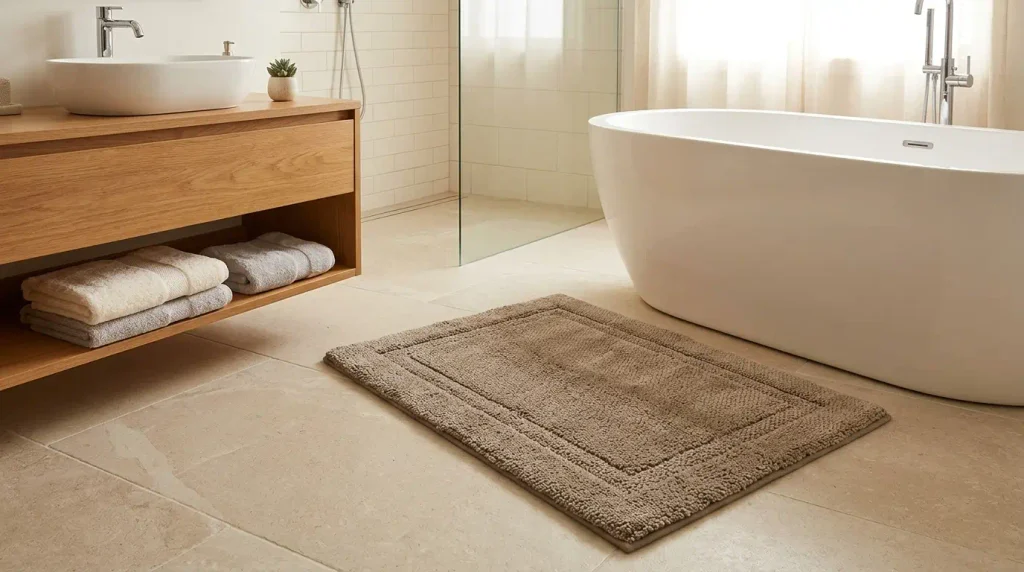 cozy bathroom with plush towels and soft bath mat