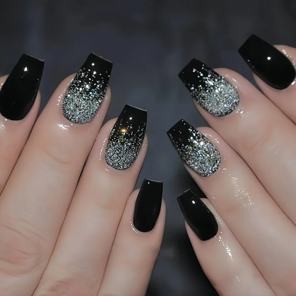 Black Acrylic Nails with Glitter