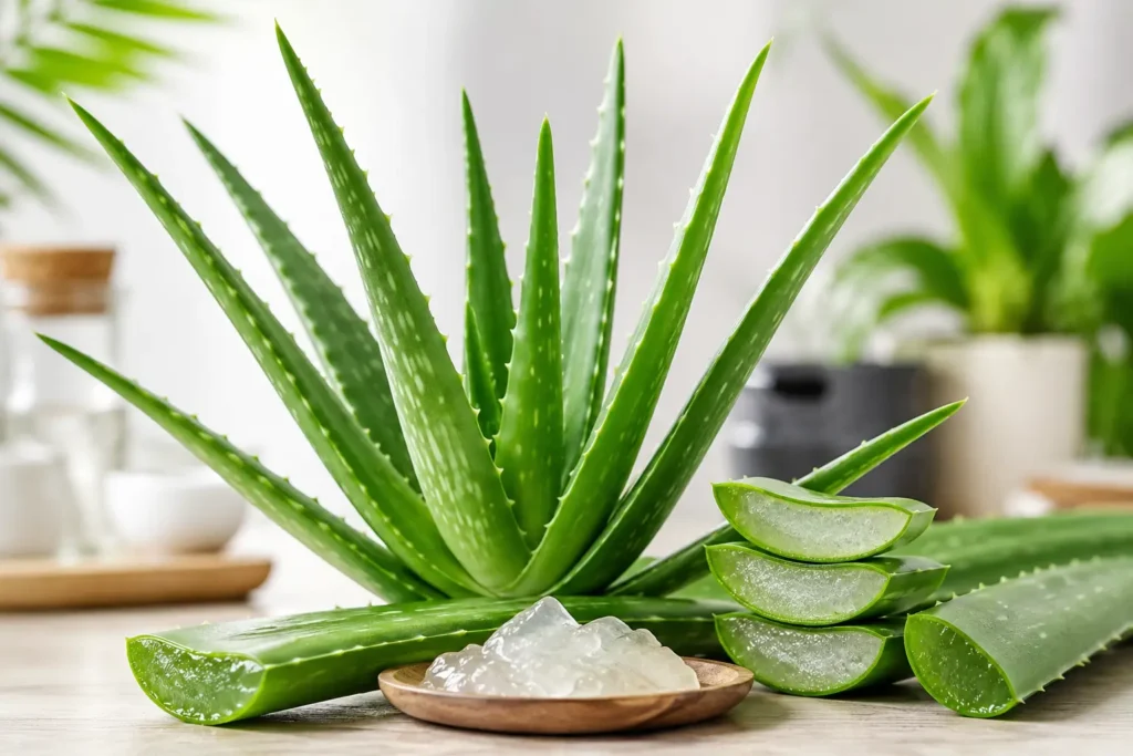 Fresh aloe vera leaves and clear aloe vera gel for natural skincare.