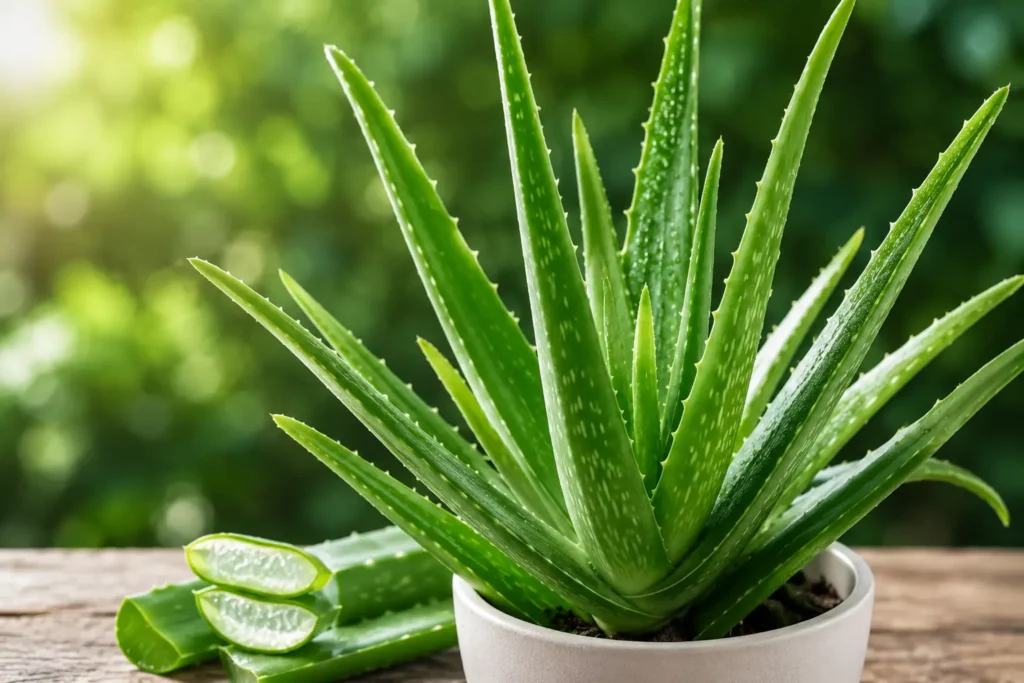 Fresh aloe vera leaves and clear aloe vera gel for natural skincare.