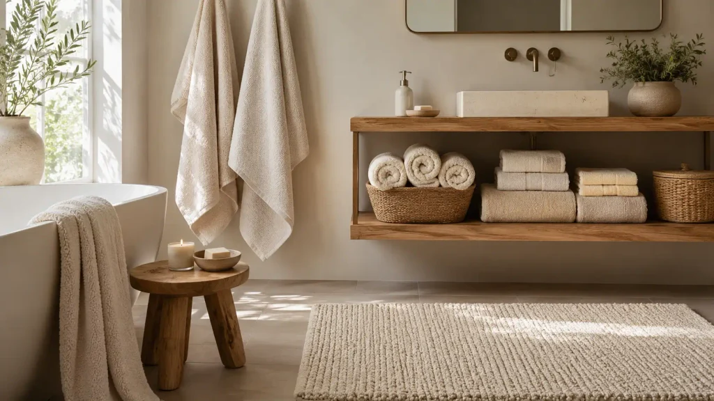 cozy bathroom with plush towels and soft bath mat