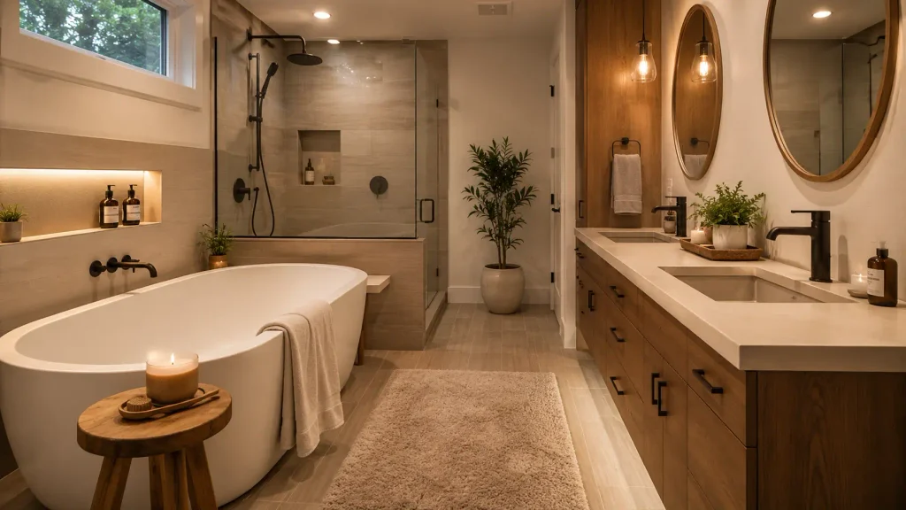 cozy bathroom with natural wood vanity