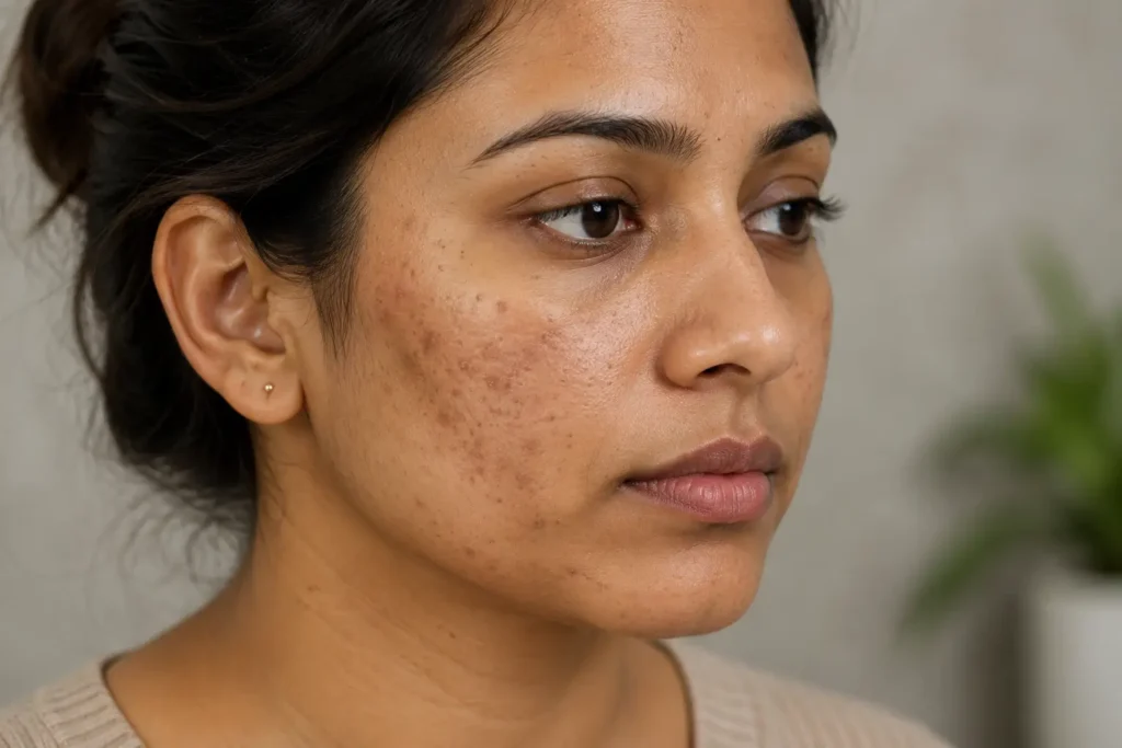 Woman with post-inflammatory hyperpigmentation and dark acne marks on her cheeks.