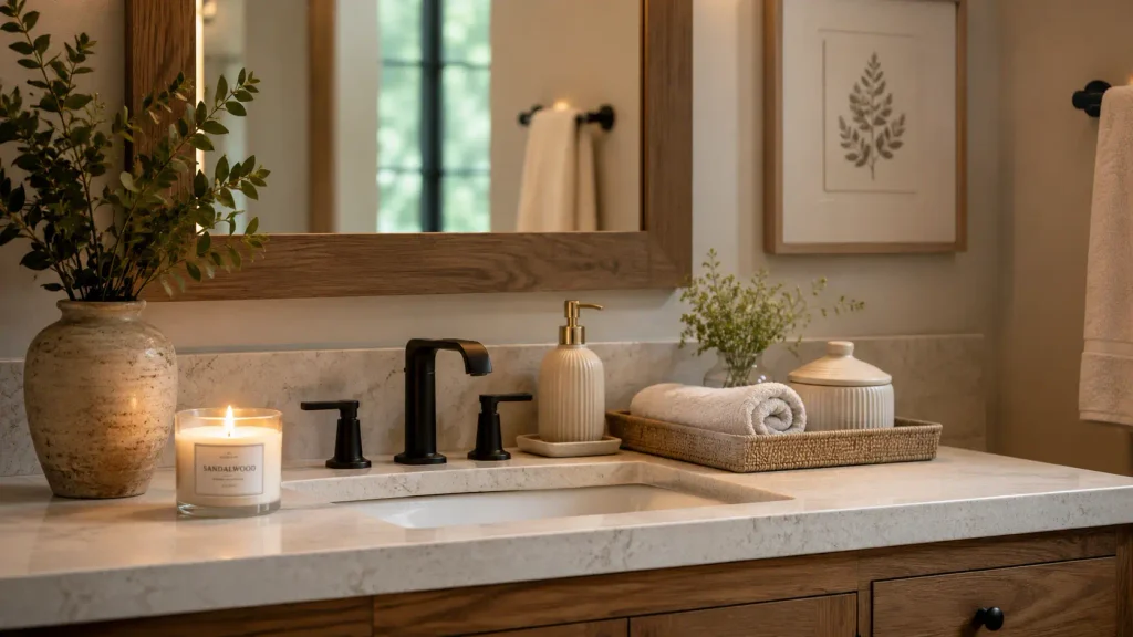 cozy bathroom vanity with spa decor