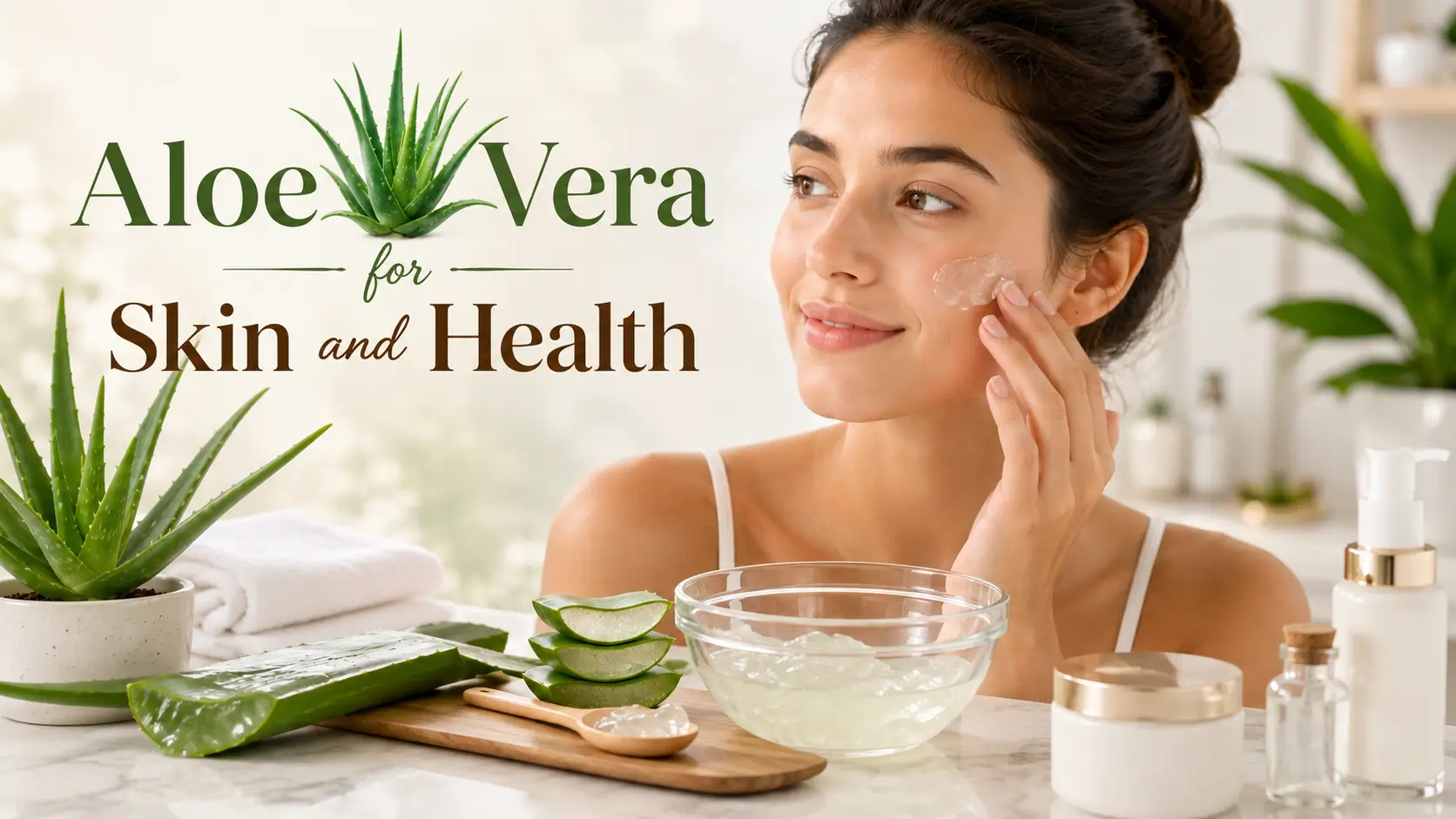 Woman applying aloe vera for skin and health as part of a natural skincare routine.
