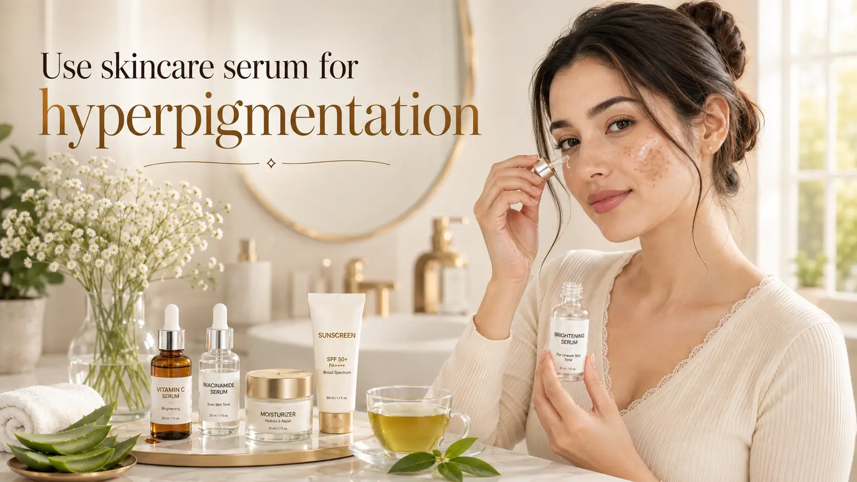 Woman applying skincare serum as part of a routine for hyperpigmentation and uneven skin tone.