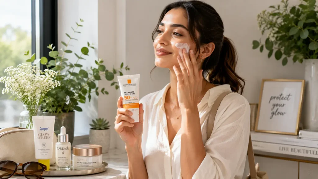 Woman applying sunscreen to protect naturally glowing skin.