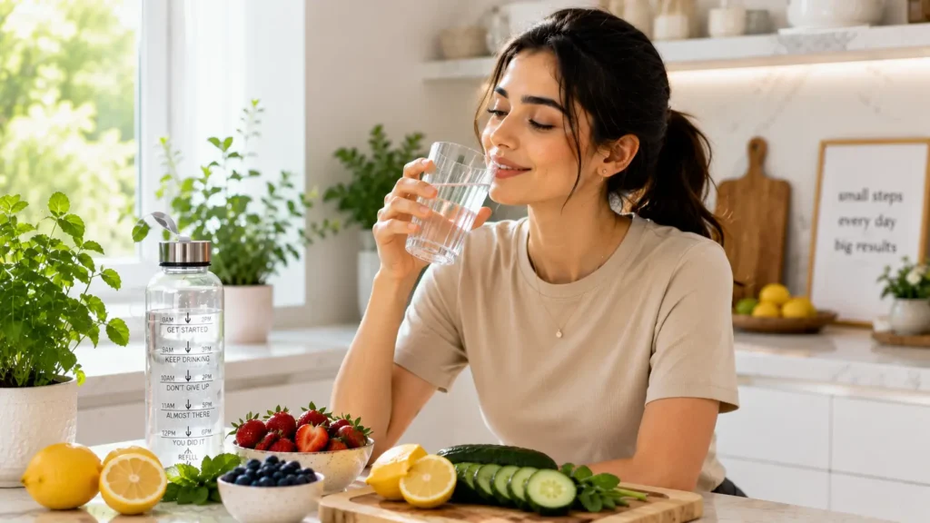 Woman drinking water to support self care routines for natural glowing skin.