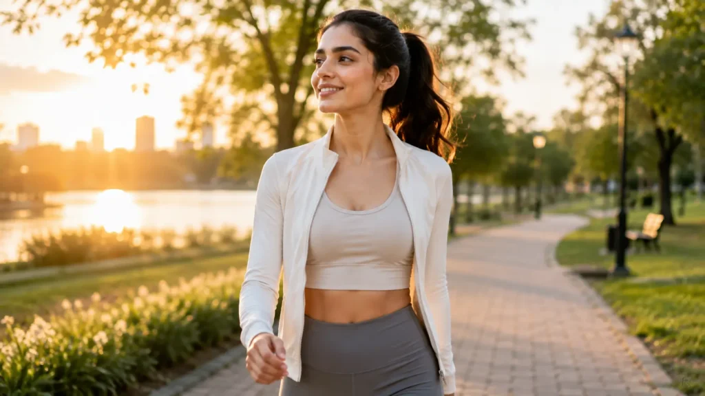 Woman exercising outdoors as part of self care routines for natural glowing skin.