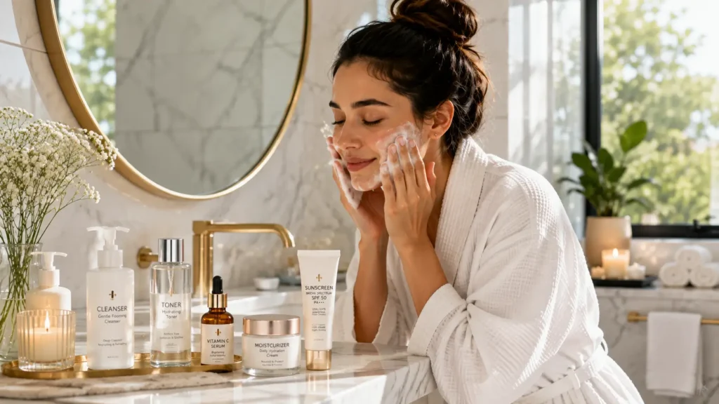 Woman following a gentle morning skincare routine for naturally glowing skin.