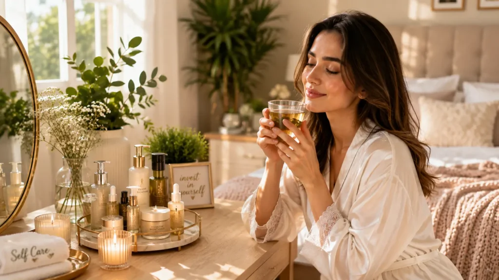 Woman practicing self care routines for natural glowing skin in a relaxing morning wellness setting.