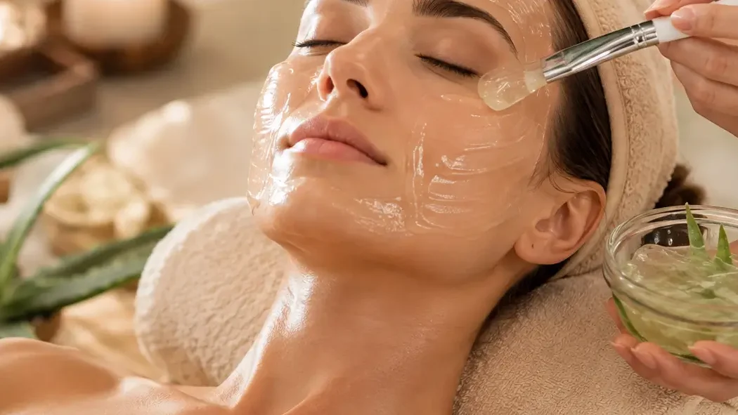 Woman using aloe vera gel as a simple soothing face treatment.