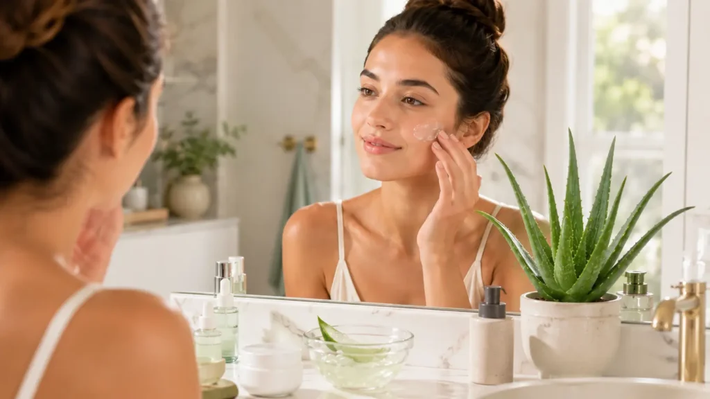 Woman using aloe vera gel for hydrated and soothed-looking skin.