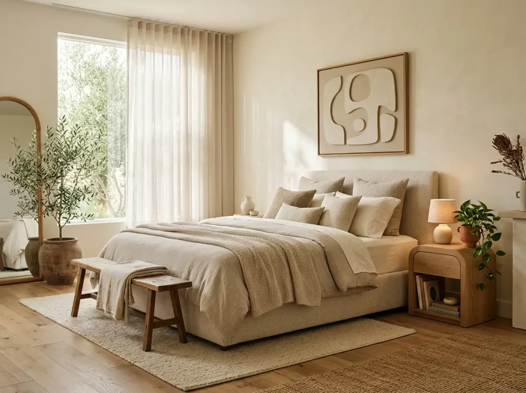 Calm bedroom with oatmeal bedding and muted sage accents
