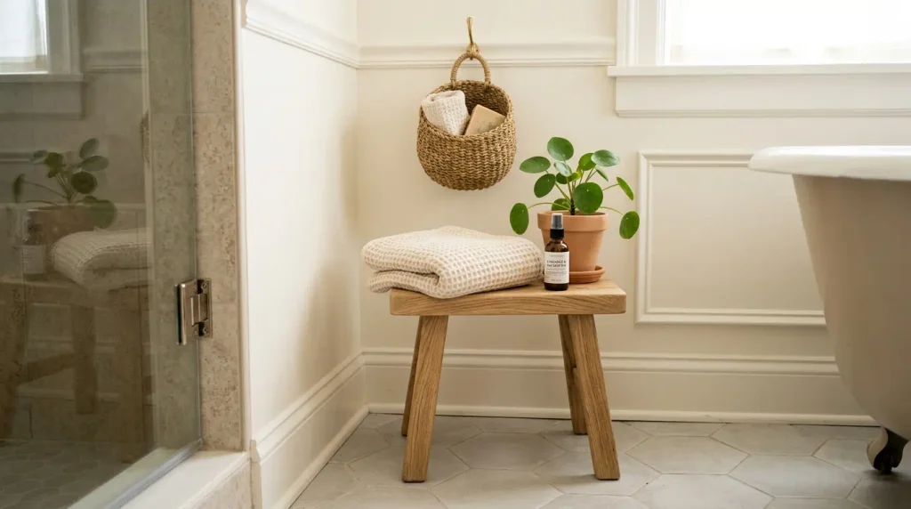 cozy bathroom ideas corner with stool and plant