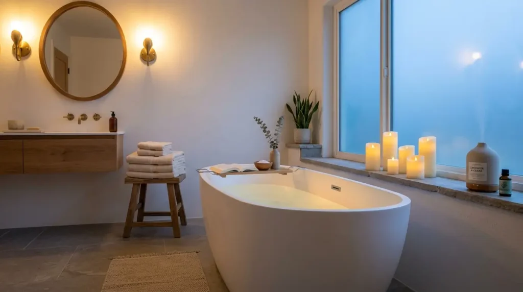 cozy bathroom ideas with candles and warm lighting 