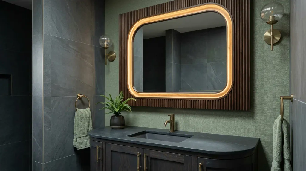 cozy bathroom ideas with rounded mirror 