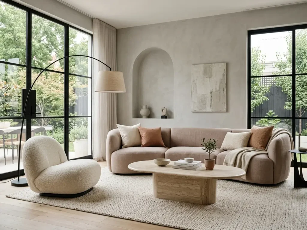 Modern living room with curved sofa and rounded organic furniture