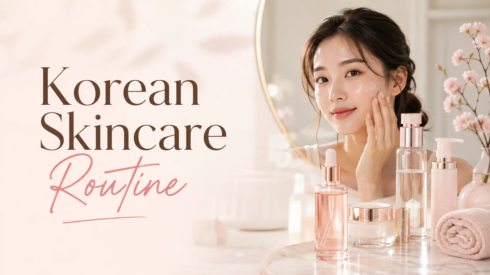Korean skincare routine with a woman applying skincare, glowing dewy skin, luxury skincare products, and a soft cream, beige, white, and blush-pink vanity.