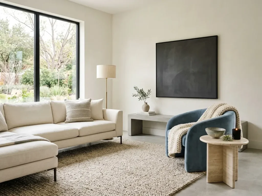 Organic  living room with layered linen, wool, ceramic, and stone textures