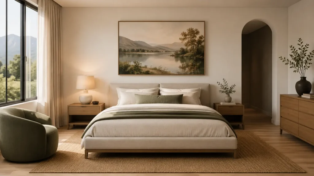 Minimal clutter-free organic bedroom with neutral natural decor