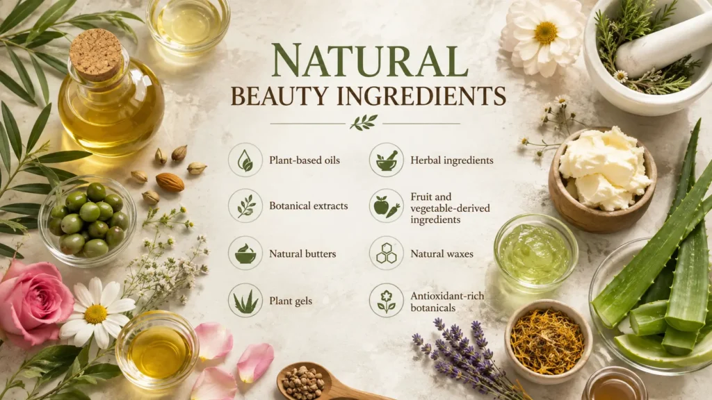 Natural skincare ingredients including aloe vera, honey, oatmeal, botanical oils, and shea butter.