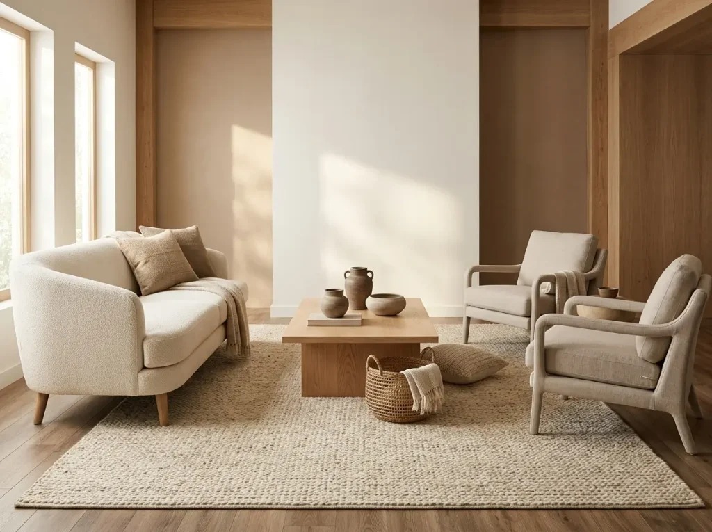 living room with natural-fiber rug and layered organic textures