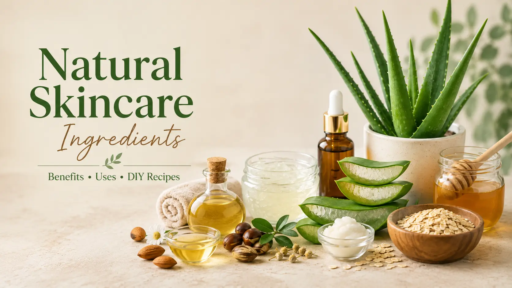 Natural skincare ingredients including aloe vera, honey, oatmeal, botanical oils, and shea butter.