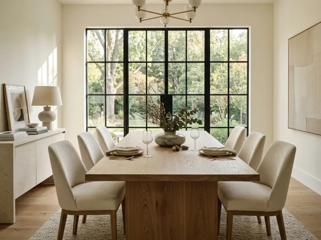 Organic home decor ideas featuring a natural wood dining table and neutral chairs