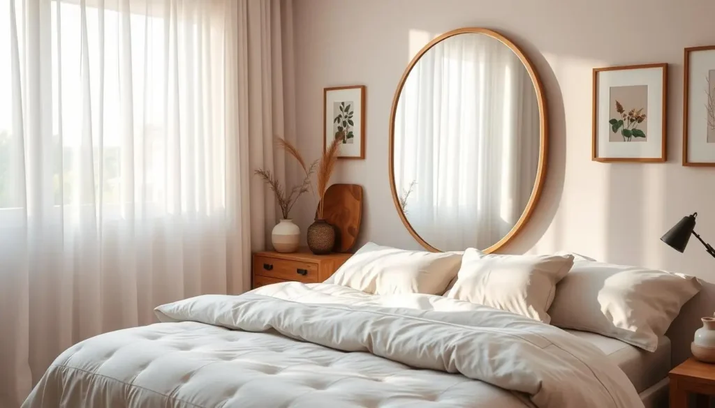 Arched organic mirror in a warm neutral bedroom