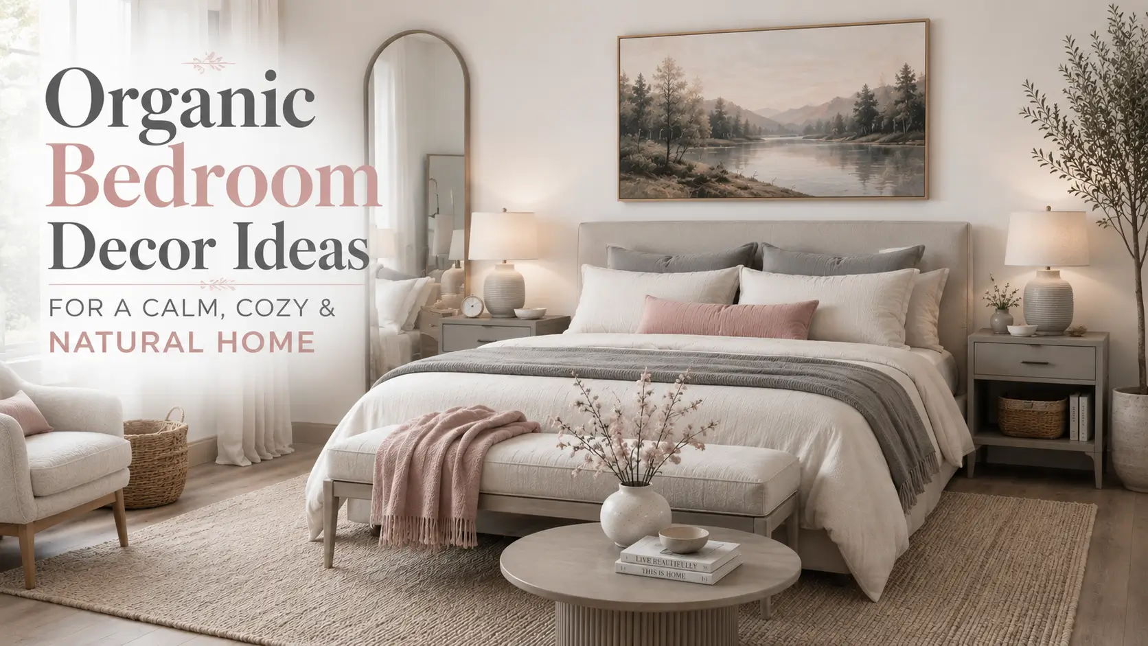 Organic Bedroom Decor Ideas with a cozy gray, white, and light pink bedroom.