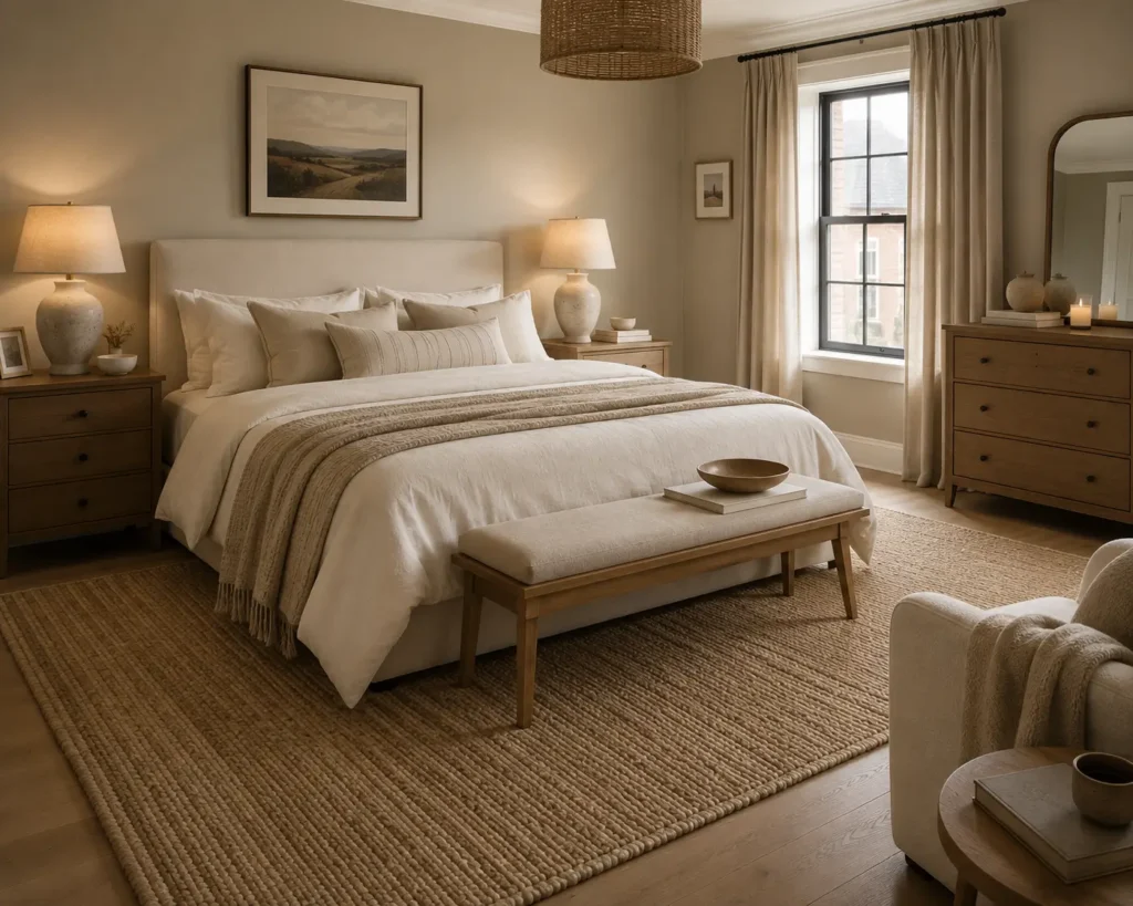 Natural fiber rug underneath a bed in an organic bedroom