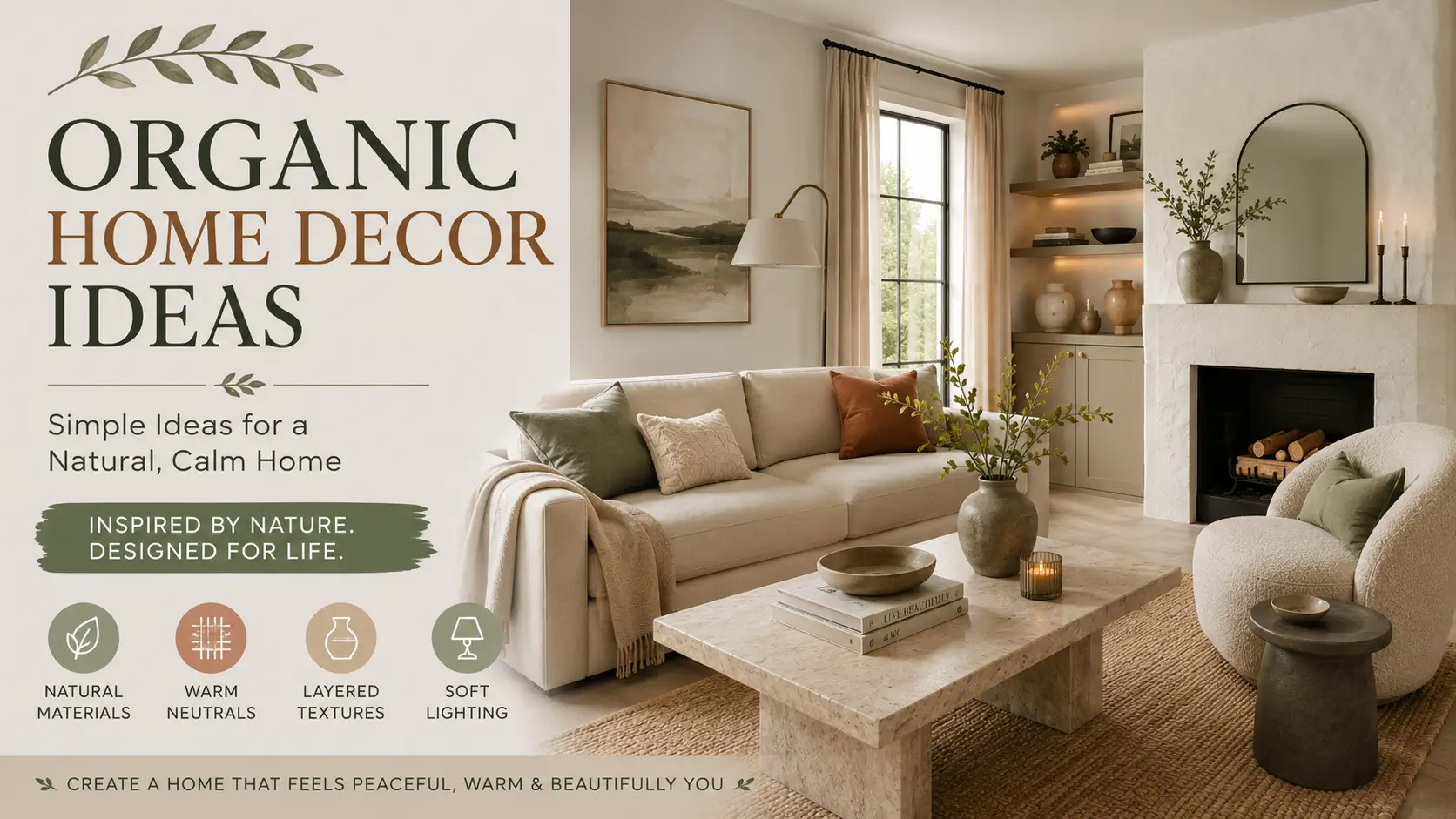 Organic home decor living room with neutral furniture, natural materials, warm lighting, layered textures, a marble coffee table, and earthy accents.