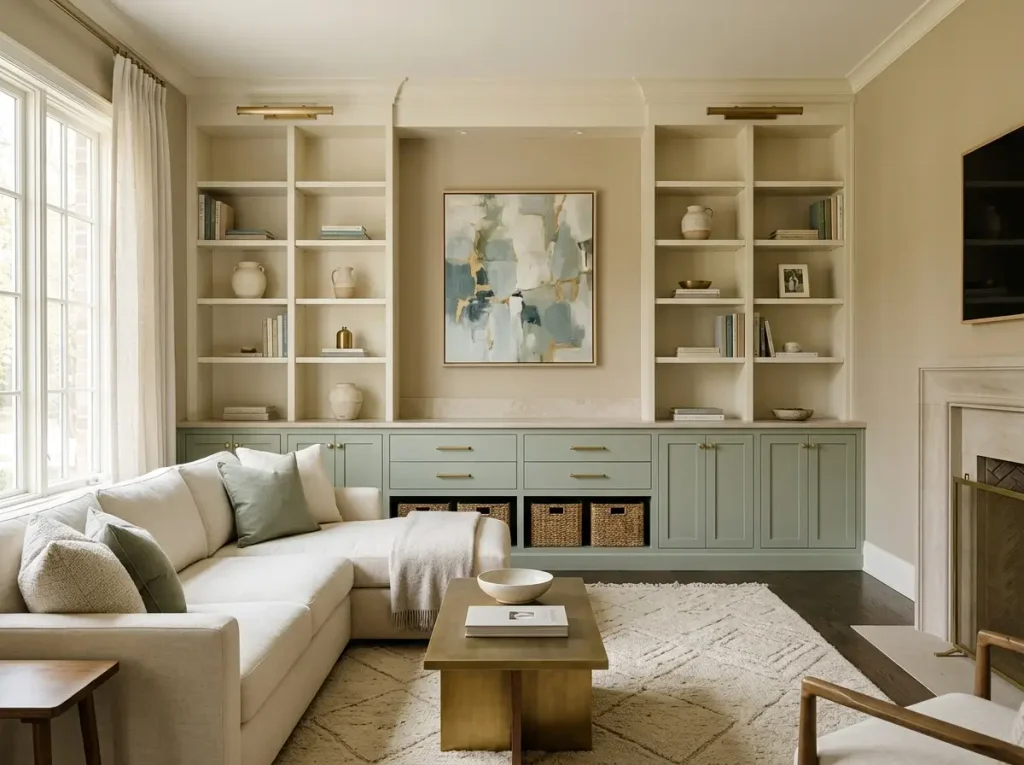 Organized family room with sage storage cabinets and woven baskets
