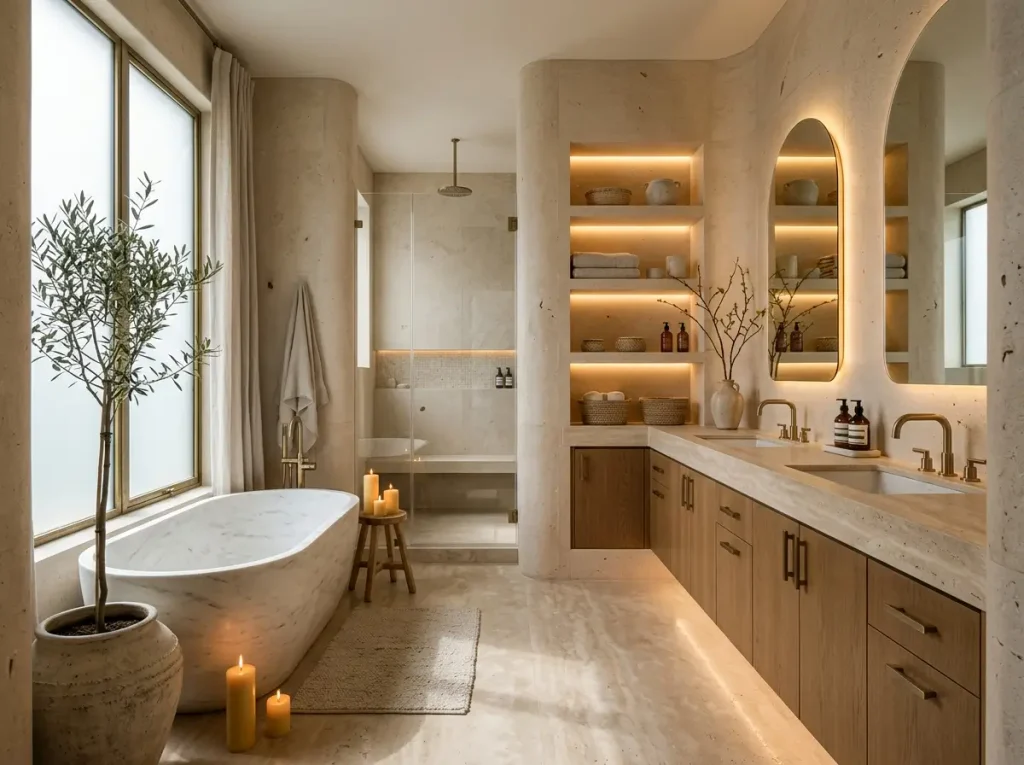 Spa bathroom with sage vanity and limestone-inspired surfaces