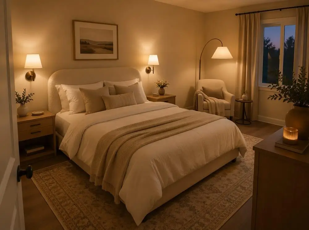 Warm ambient lighting creating a cozy organic bedroom