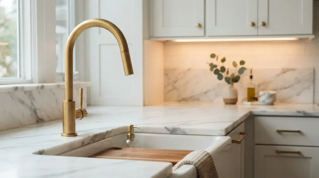 Brushed_gold_kitchen_faucet luuxury kitchen finds